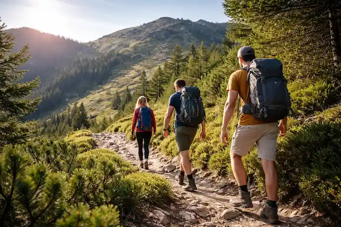 Turisti kráčajú po horskom chodníku s miernym stúpaním v prírode.webp