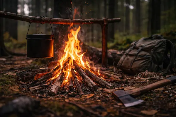 Založený táborový oheň v lese s kotlíkom nad plameňmi, pripravené drevo a survival výbava pri večernom bivaku..webp
