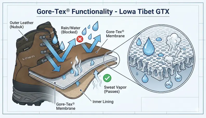 Schematické znázornenie funkcie Gore-Tex membrány v topánke Lowa Tibet GTX