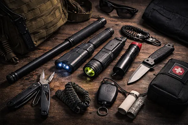 Everyday Carry výbava pre sebaobranu a osobnú ochranu – obušok, paralyzér a základné survival nástroje.webp