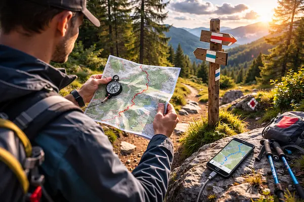 Navigácia na turistike – orientácia pomocou mapy a kompasu na horskej trase.webp