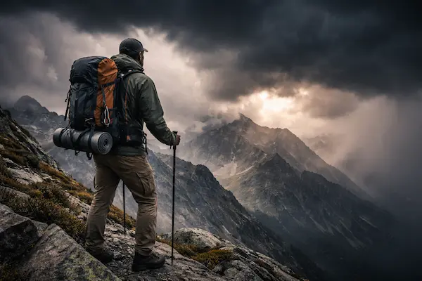 Turista na horskom hrebeni sleduje zmenu počasia v horách počas túry.webp