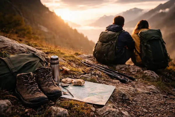 Turisti oddychujú na vrchole hory pri západe slnka – batohy, mapa a výbava po túre.webp