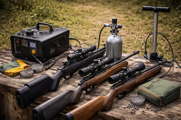 PCP vzduchovka a príslušenstvo na plnenie vzduchu – pumpa, kompresor a tlaková fľaša.webp