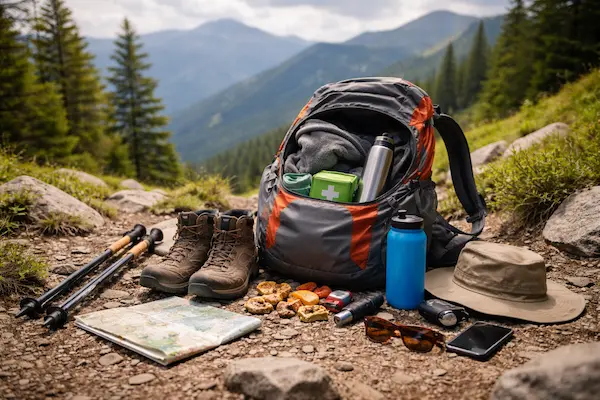 Výbava na turistiku – batoh, turistické topánky, voda a základné vybavenie na horskej túre.webp