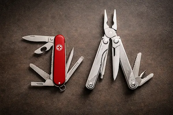 Victorinox vs. Leatherman – porovnanie vreckového noža a multitoolu na tmavom povrchu.webp