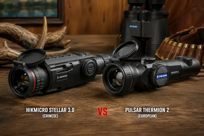 Porovnanie termovíznych puškohľadov Hikmicro a Pulsar na poľovníckej stole.webp