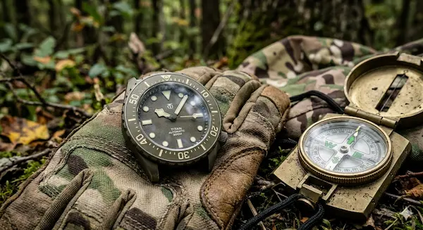 Detail Cerakote povlaku na titánovom rámčeku Garmin Tactix 8 na poľovníckej rukavici.webp