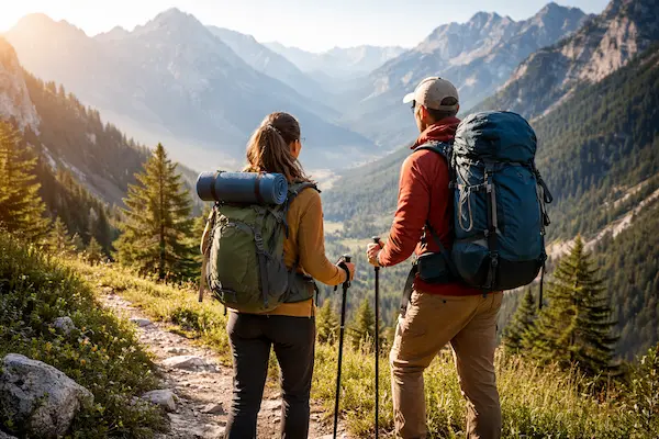 Začiatočníci na turistike v horách s batohmi a paličkami.webp