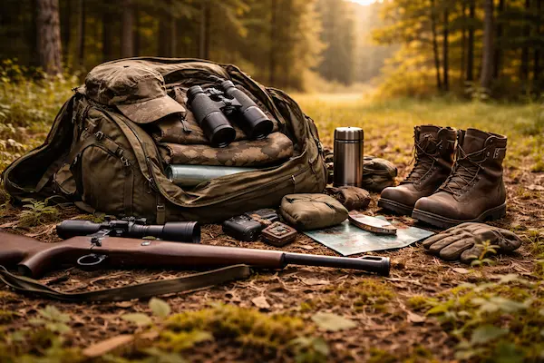 Lovy rozložené lovecké vybavenie.webp