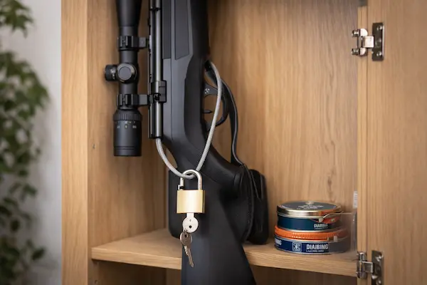 Bezpečné skladovanie vzduchovky doma v uzamknutej skrini so zámkom a diabolkami..webp