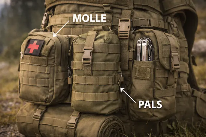 Systém MOLLE a PALS na taktickom batohu – detail uchytenia výstroja.webp