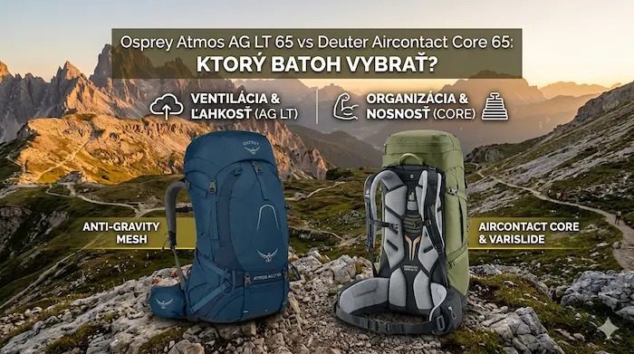 Porovnanie turistických batohov Osprey Atmos AG LT 65 a Deuter Aircontact Core 65 na skale v horách s prehľadom ich parametrov..webp
