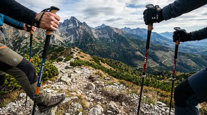 Porovnanie trekingových palíc Black Diamond a Leki v rukách turistov na horskom chodníku vo Vysokých Tatrách..webp