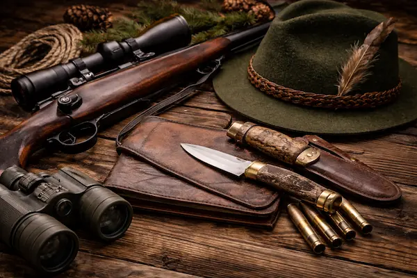 Poľovnícka výbava na drevenom stole – puška s puškohľadom, ďalekohľad, poľovnícky klobúk, nôž a náboje v prírodnom prostredí.webp