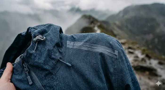 Detail membránovej hardshell bundy so zaváranými švami a kapucňou.webp